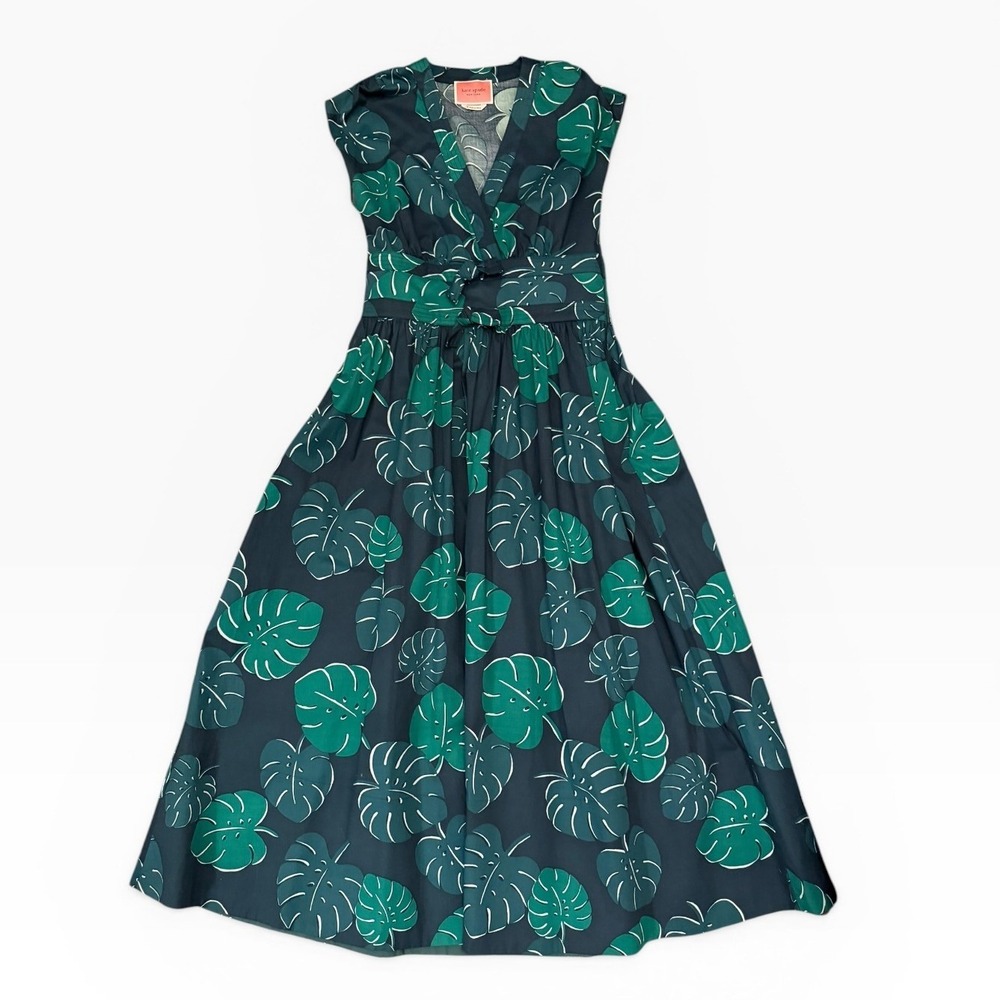 Kate Spade New York Monstera Leaf Tropical Midi Dress Green Size 0 Poplin Bow